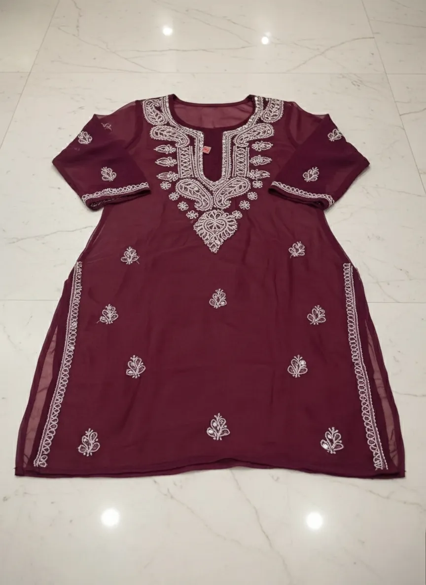 GB Mirror Georgette Chikankari Long Sleeve Kurti for Women