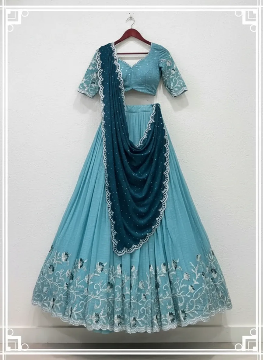 New Latest Embroidered Lehenga Choli with Embellished Dupatta | Viscose Silk Blouse Piece (Unstitched) & Ready-to-Wear Vichitra Silk Lehenga