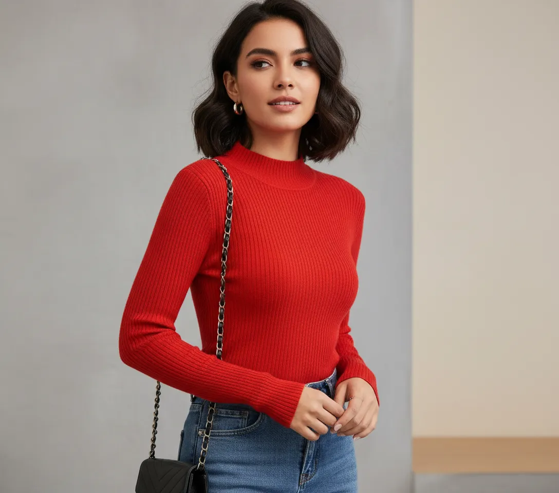 Elegant Full Sleeve Brown High Neck Top for Women