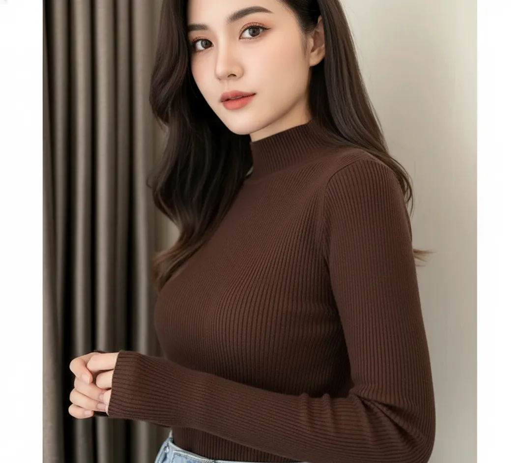 Elegant Full Sleeve Brown High Neck Top for Women