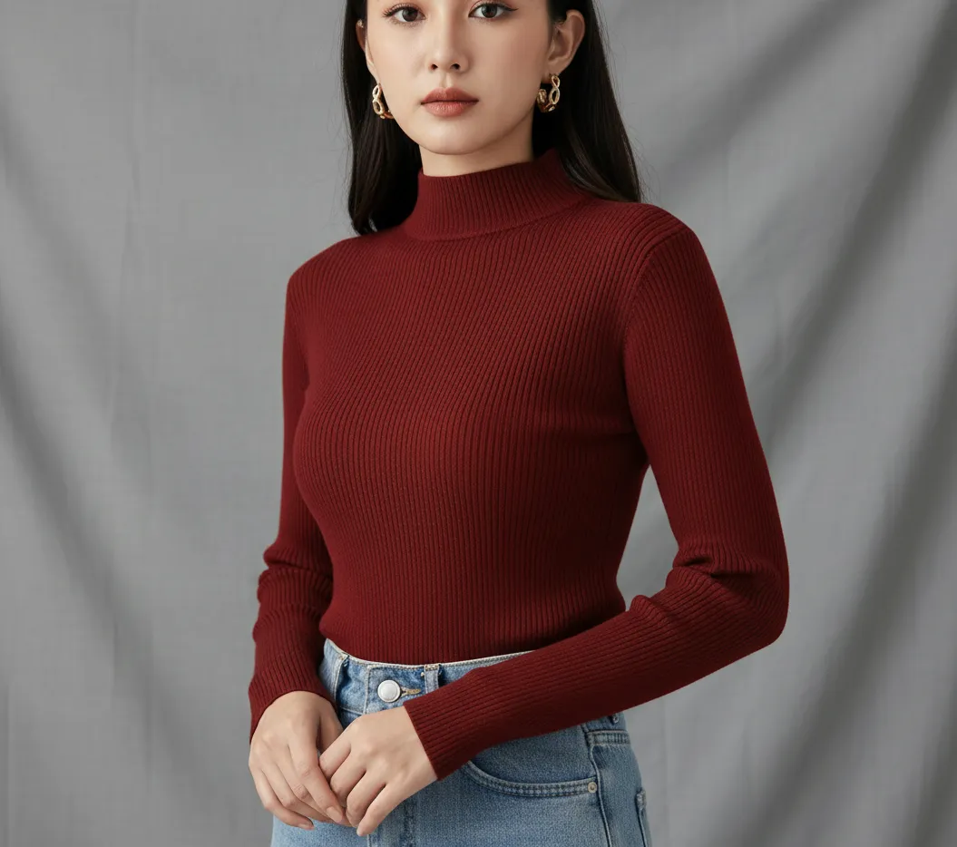 Elegant Full Sleeve Brown High Neck Top for Women
