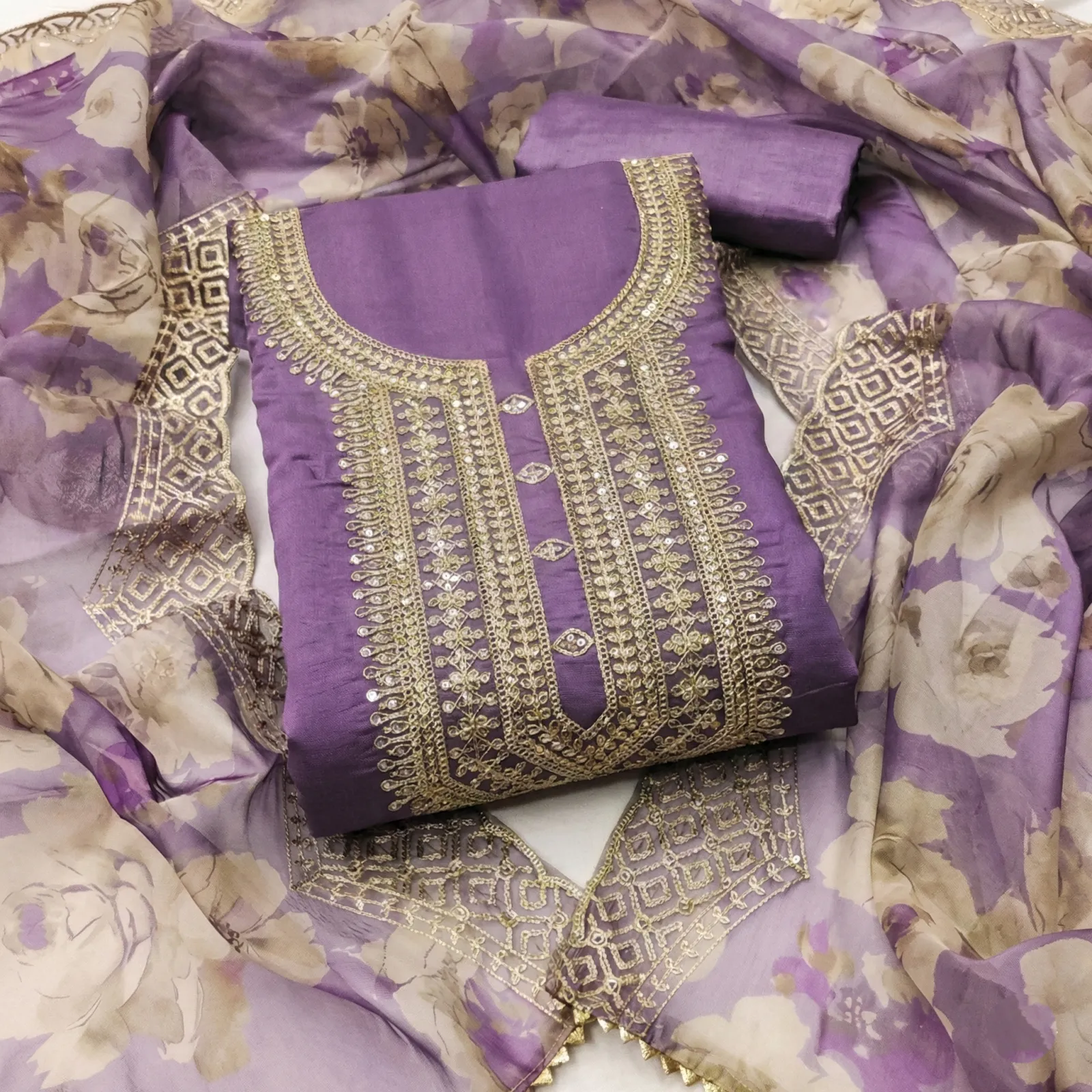 Skyveto Premium Organza Dress Material for Women with Silk Suit, Shantoon Bottom & Embellished Dupatta