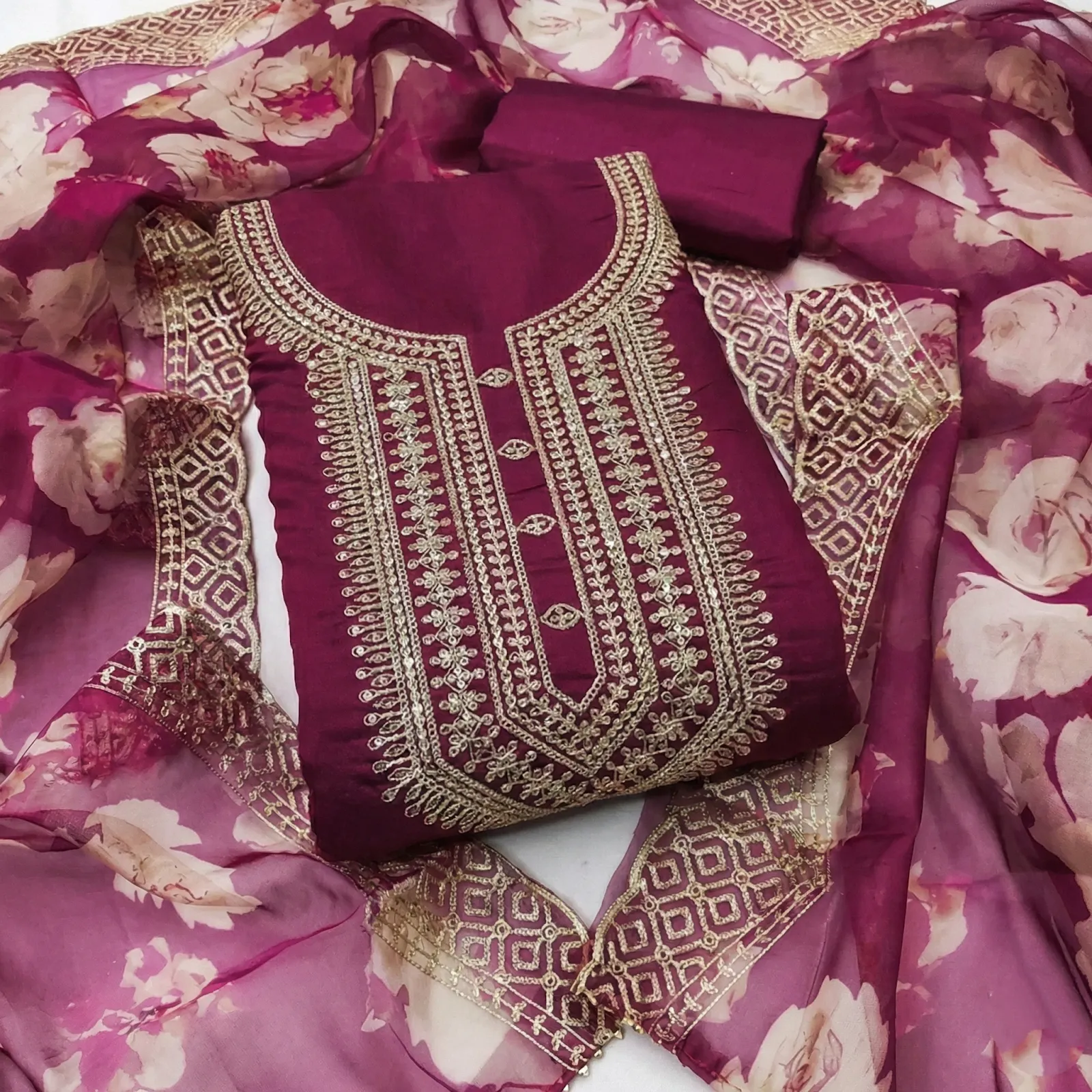 Skyveto Premium Organza Dress Material for Women with Silk Suit, Shantoon Bottom & Embellished Dupatta