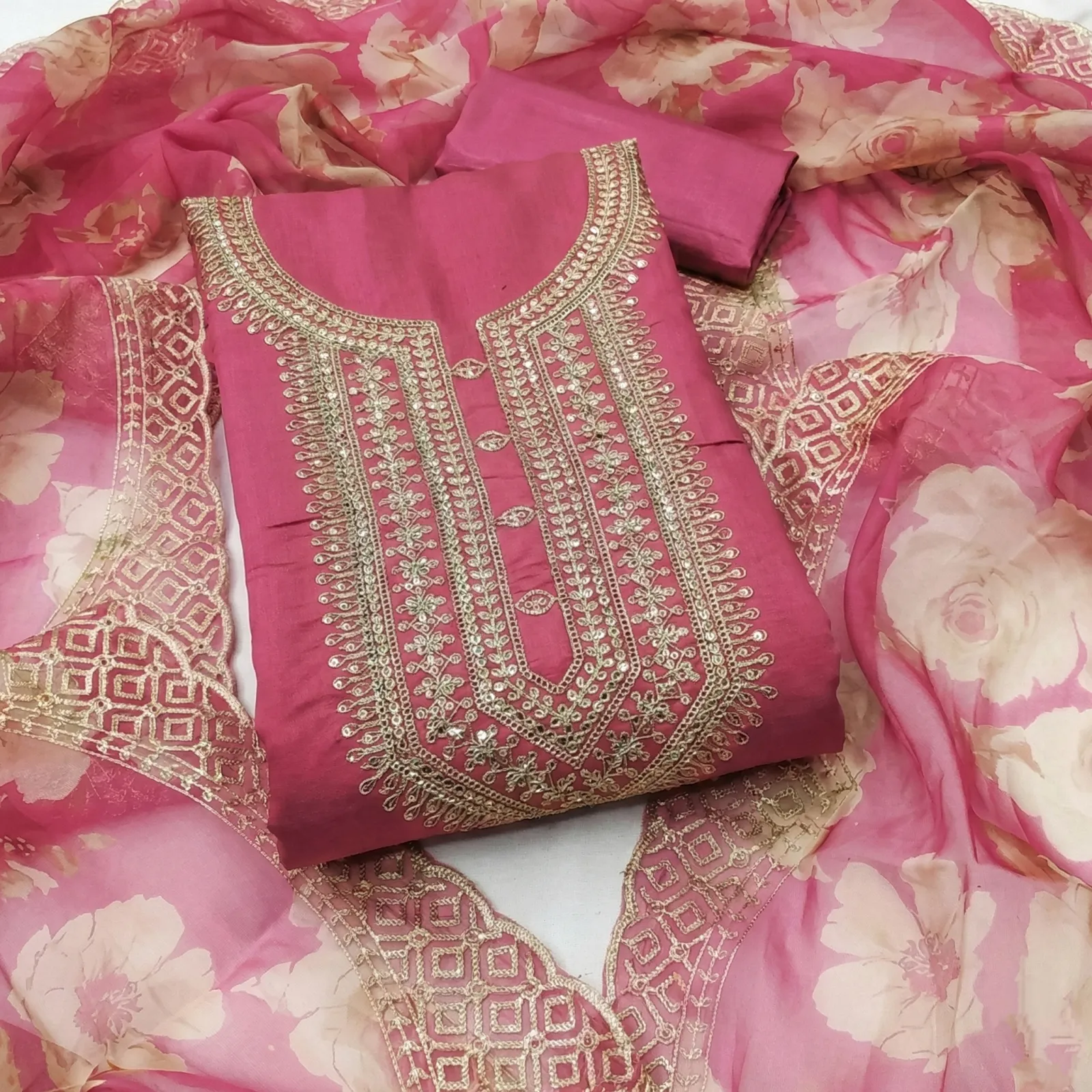 Skyveto Premium Organza Dress Material for Women with Silk Suit, Shantoon Bottom & Embellished Dupatta