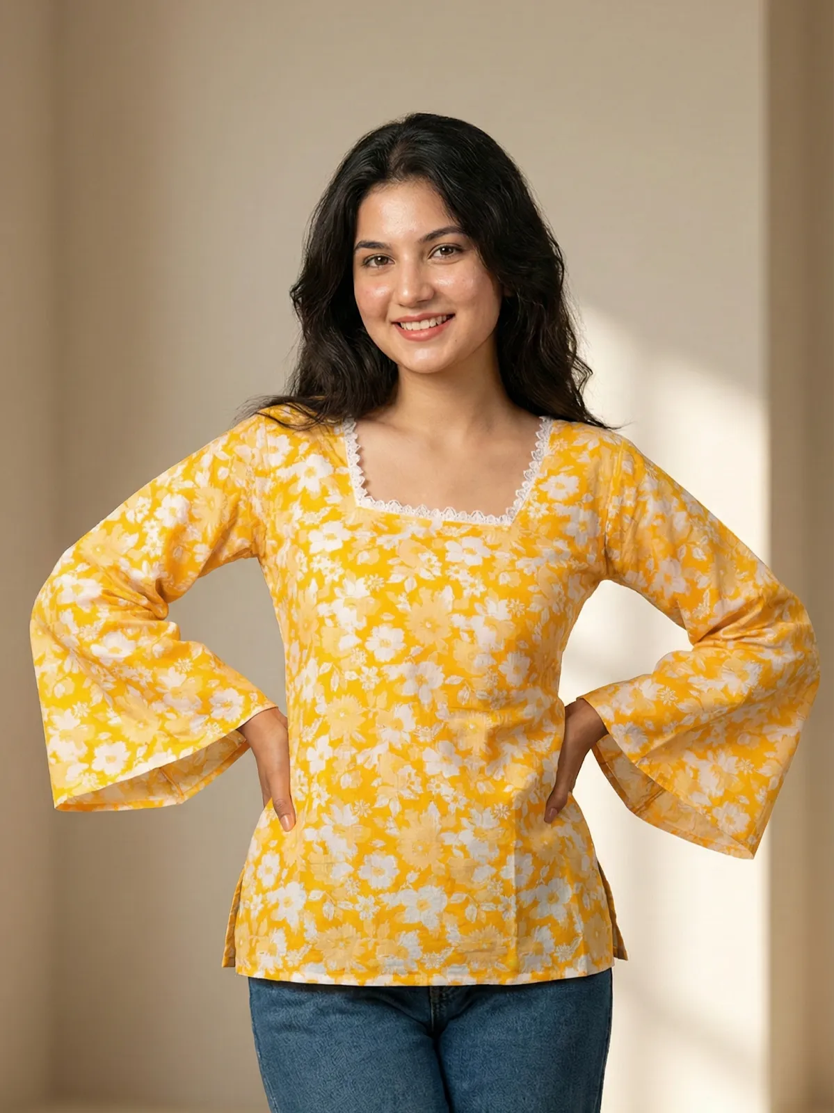 Square Neck Floral Kurti Top – Stylish Summer Pick